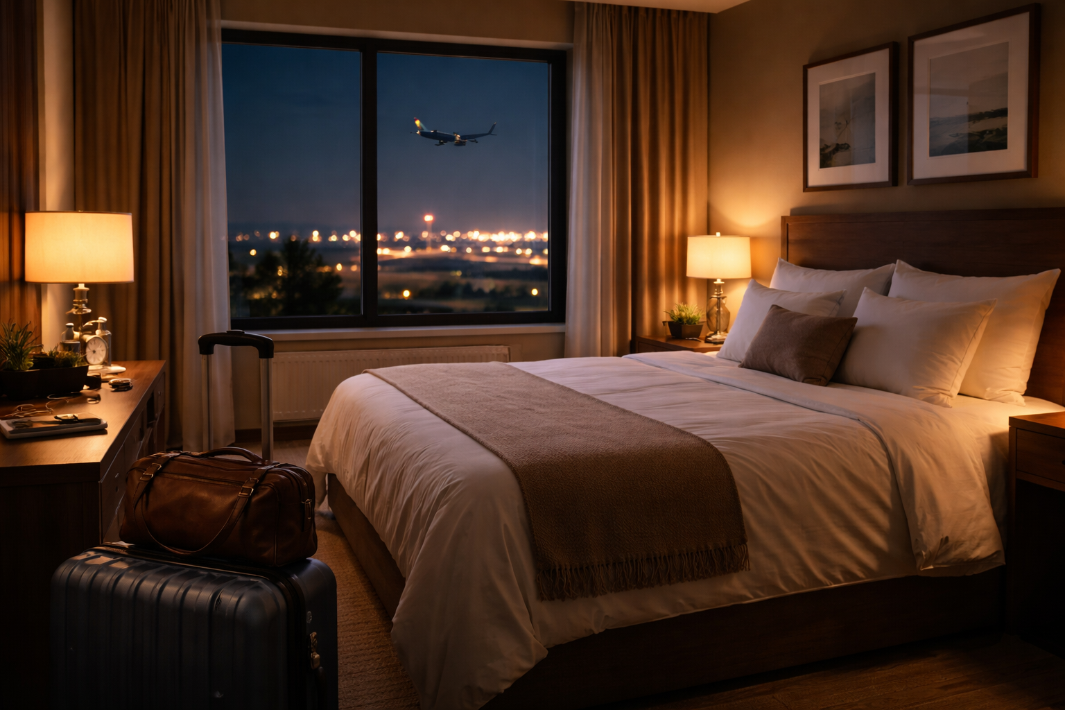 Cozy hotel room near Gatwick Airport at night with warm lighting, suitcase packed, bed ready and airplane visible through window for overnight stay