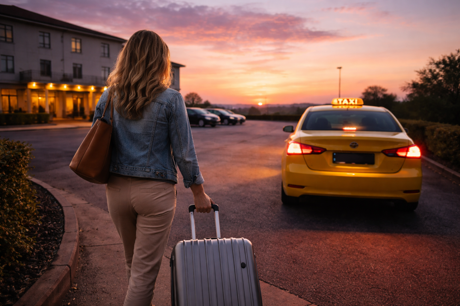 Traveler leaving hotel at sunrise with suitcase walking toward taxi near Gatwick Airport – smooth early flight transfer experience