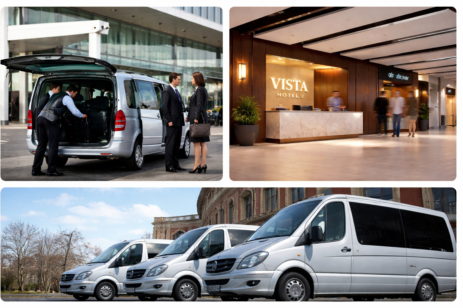 Airport hotel shuttle service with travelers loading luggage, modern hotel reception desk, and fleet of transfer vans near airport terminals