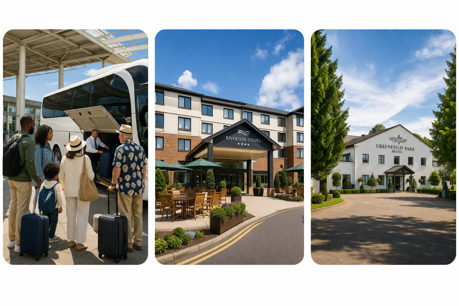 Travelers boarding airport shuttle bus, modern hotel exterior with outdoor seating, and countryside hotel near Gatwick Airport complete stay and transfer experience