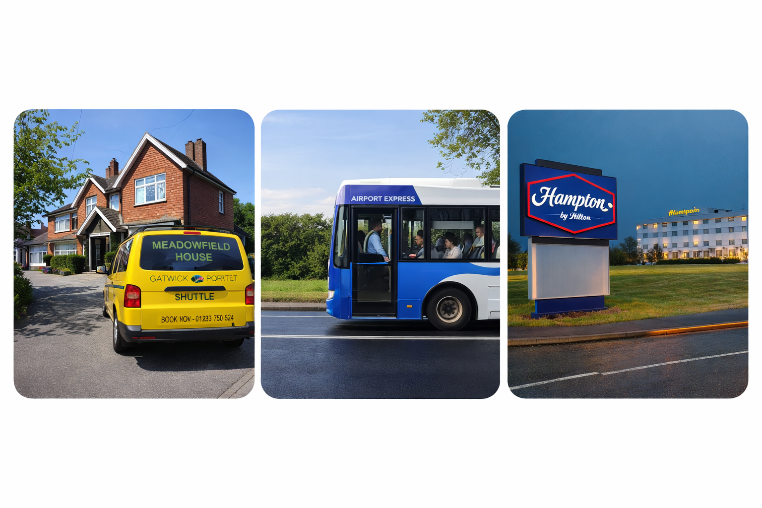 Airport hotel shuttle van at guesthouse, airport transfer bus on road, and modern hotel building with illuminated sign near Gatwick Airport
