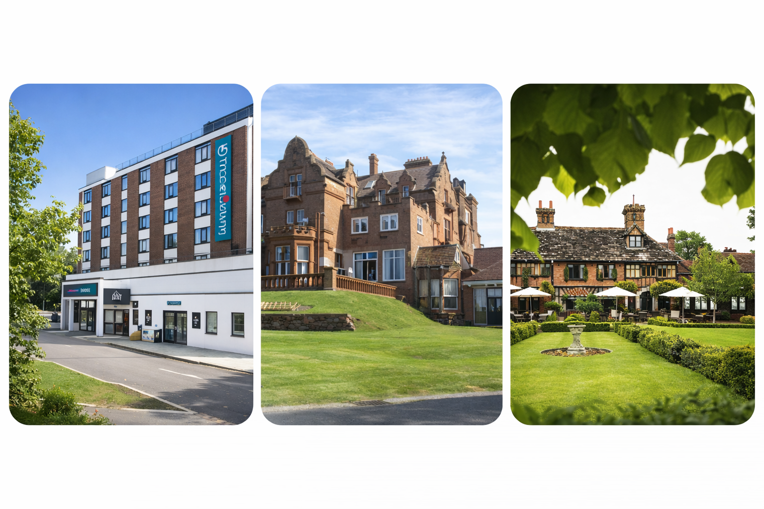 Modern budget hotel, historic manor-style hotel, and countryside garden hotel near Gatwick Airport different accommodation styles for travelers