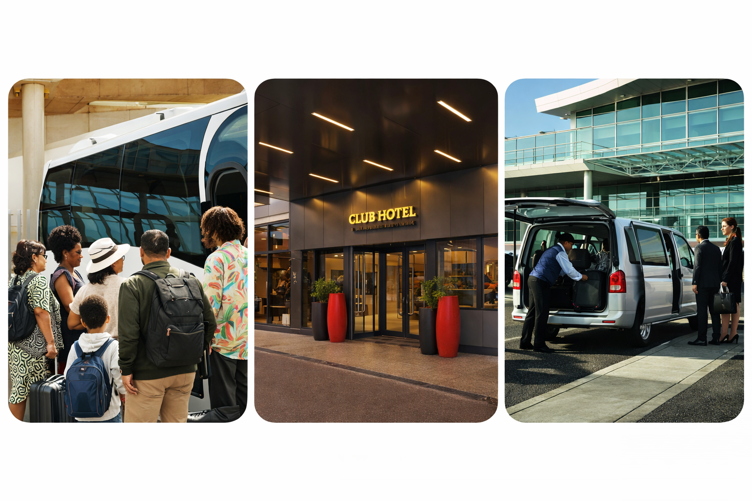 Travelers boarding airport shuttle bus, modern hotel entrance at night, and chauffeur loading luggage into hotel transfer van near airport terminal