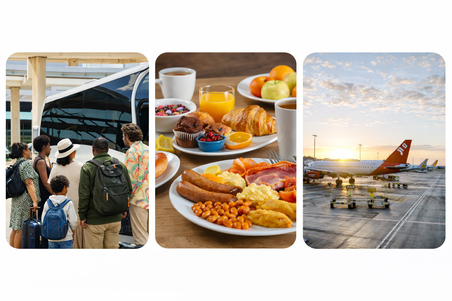Travelers boarding airport shuttle bus, hotel breakfast buffet with full English meal, and airplane on runway at sunrise near Gatwick Airport