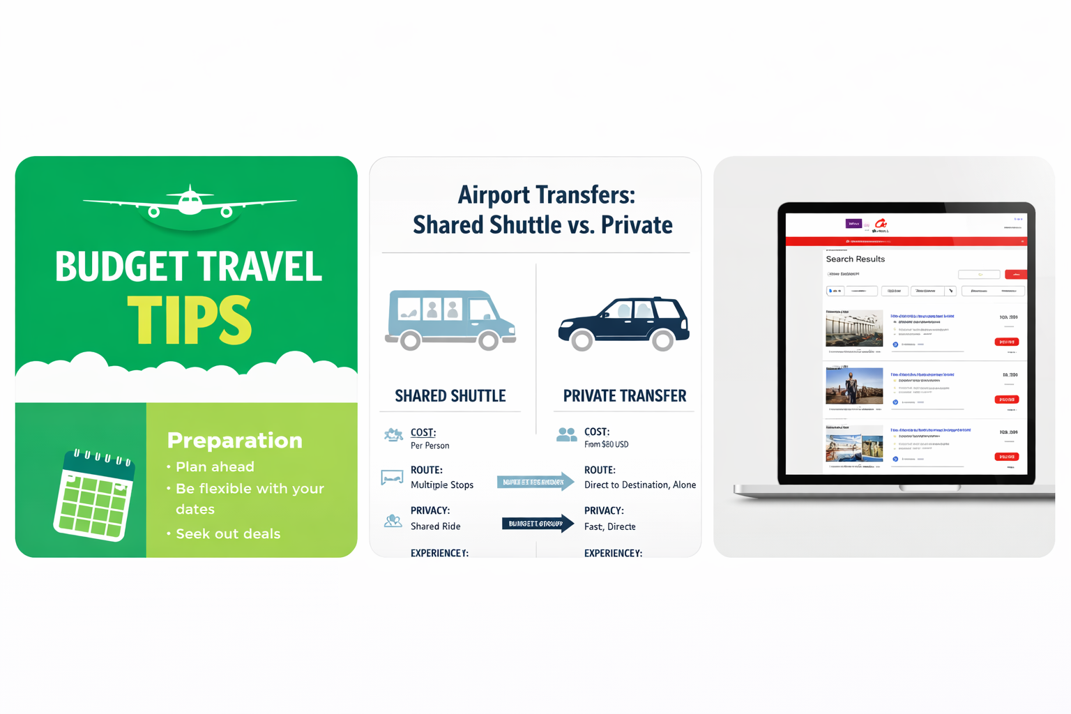 Budget travel tips infographic, airport transfer comparison between shuttle and private car, and hotel booking on laptop for smart travel planning