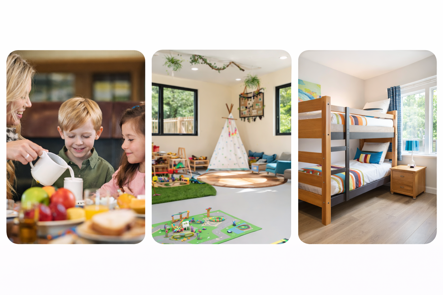 Family enjoying breakfast together, kids playroom with toys and teepee, and bunk bed hotel room for children-friendly stay near airport