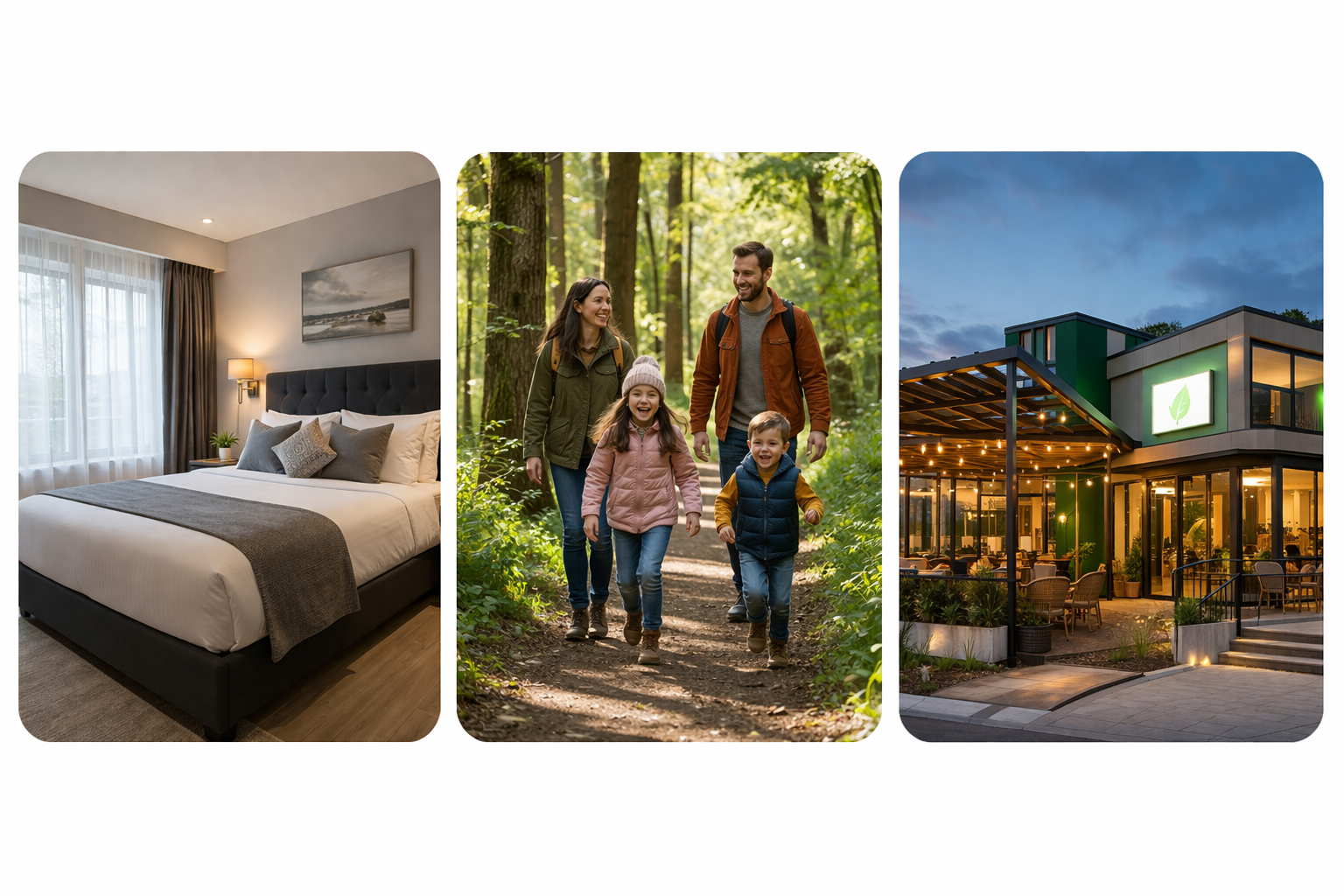 Modern hotel bedroom with neutral bedding, family walking on forest trail, and stylish hotel exterior with outdoor dining area for relaxing stay experience