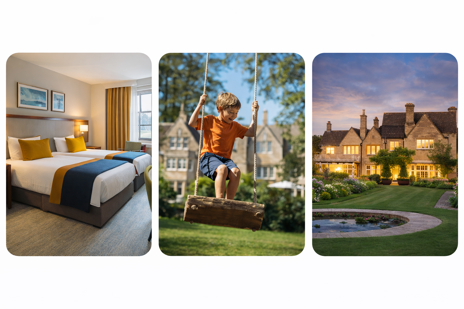 Modern twin hotel room with warm tones, child playing on garden swing, and luxury countryside manor with landscaped garden for relaxing stay