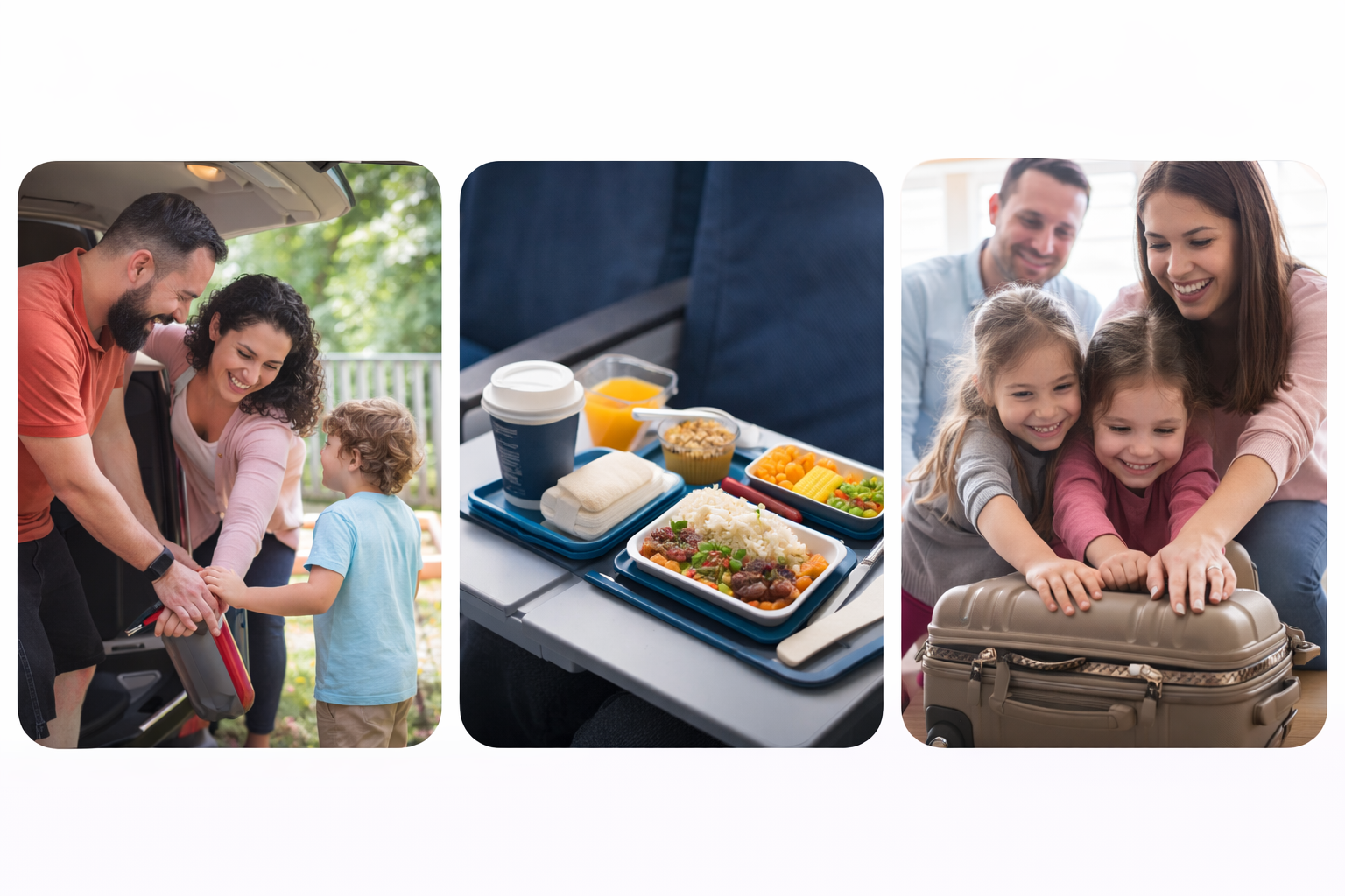 Family packing car for travel, airplane meal tray with food and drink, and parents helping children close suitcase for trip preparation