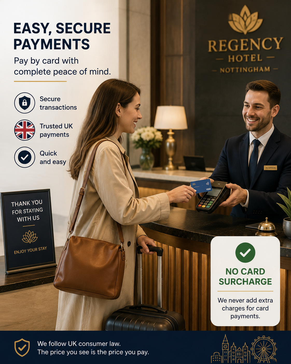 Paying by card at a UK hotel with no card surcharge.