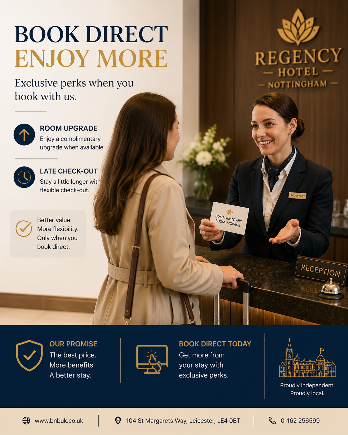 Book-direct perks such as upgrades and late check-out at a UK hotel.