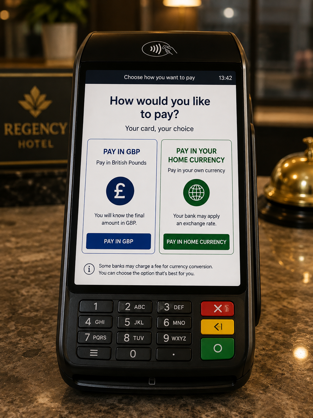 Dynamic currency conversion choice, with pay in pounds selected
