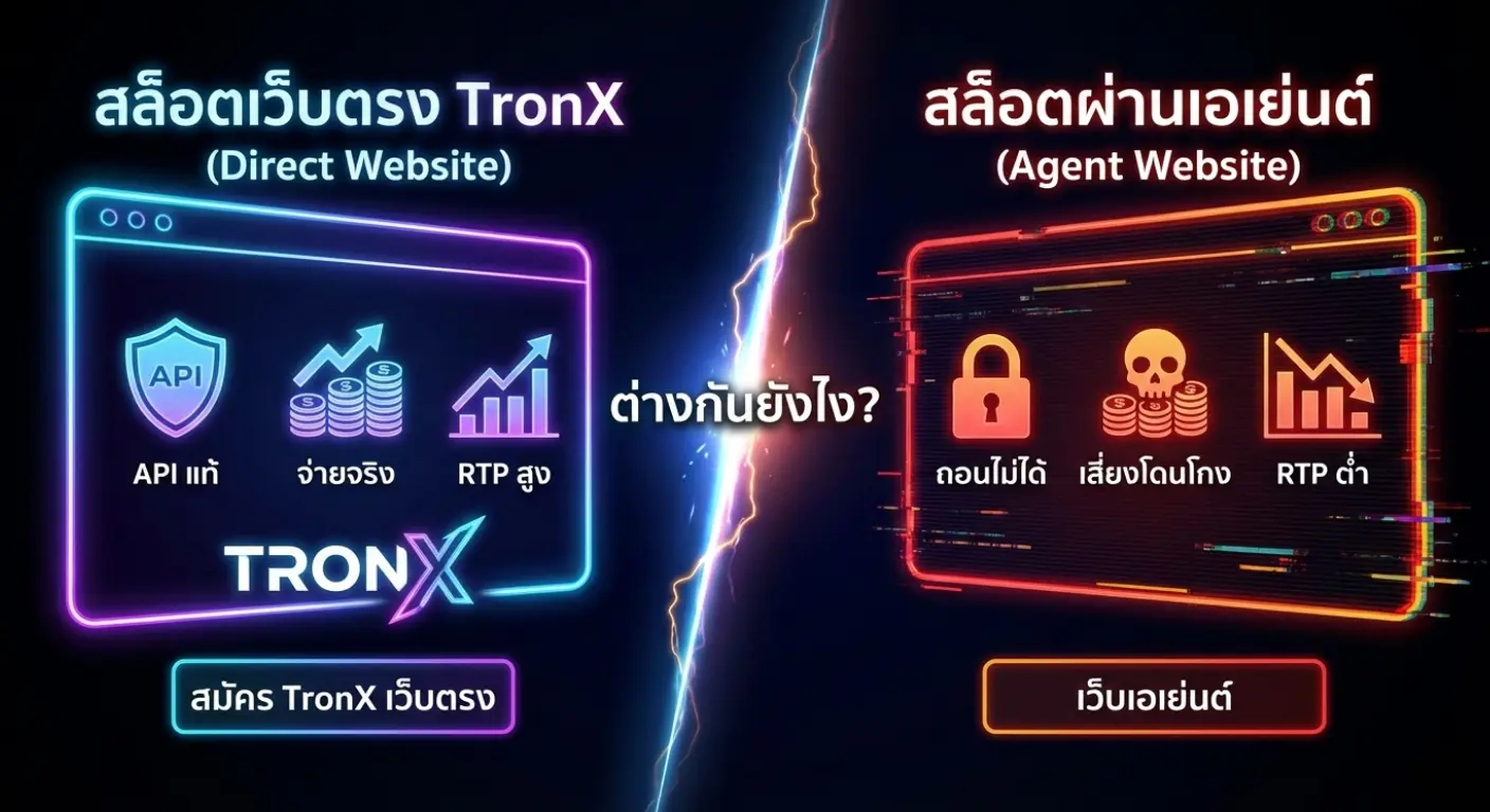 แผนผังเปรียบเทียบสล็อตเว็บตรง TronX กับสล็อตผ่านเอเย่นต์