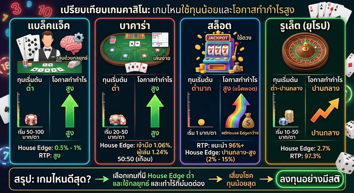 เปรียบเทียบเกมคาสิโนออนไลน์ทุนน้อยกำไรสูง