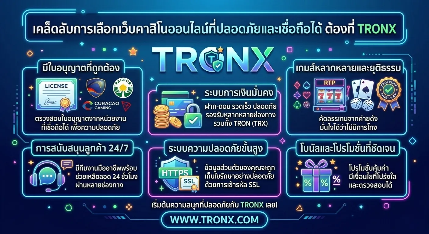 คาสิโนออนไลน์ที่ปลอดภัย 2026 TronX เว็บตรงไม่ผ่านเอเย่นต์
