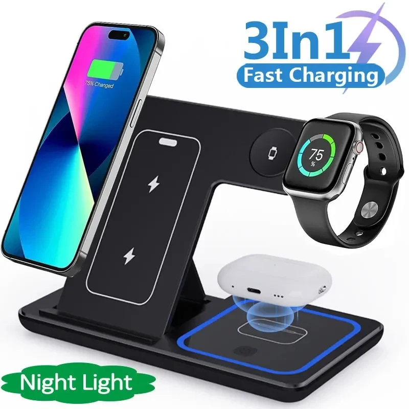 15W 3 In 1 LED Fast Wireless Charger Stand Foldable Charging photo 4