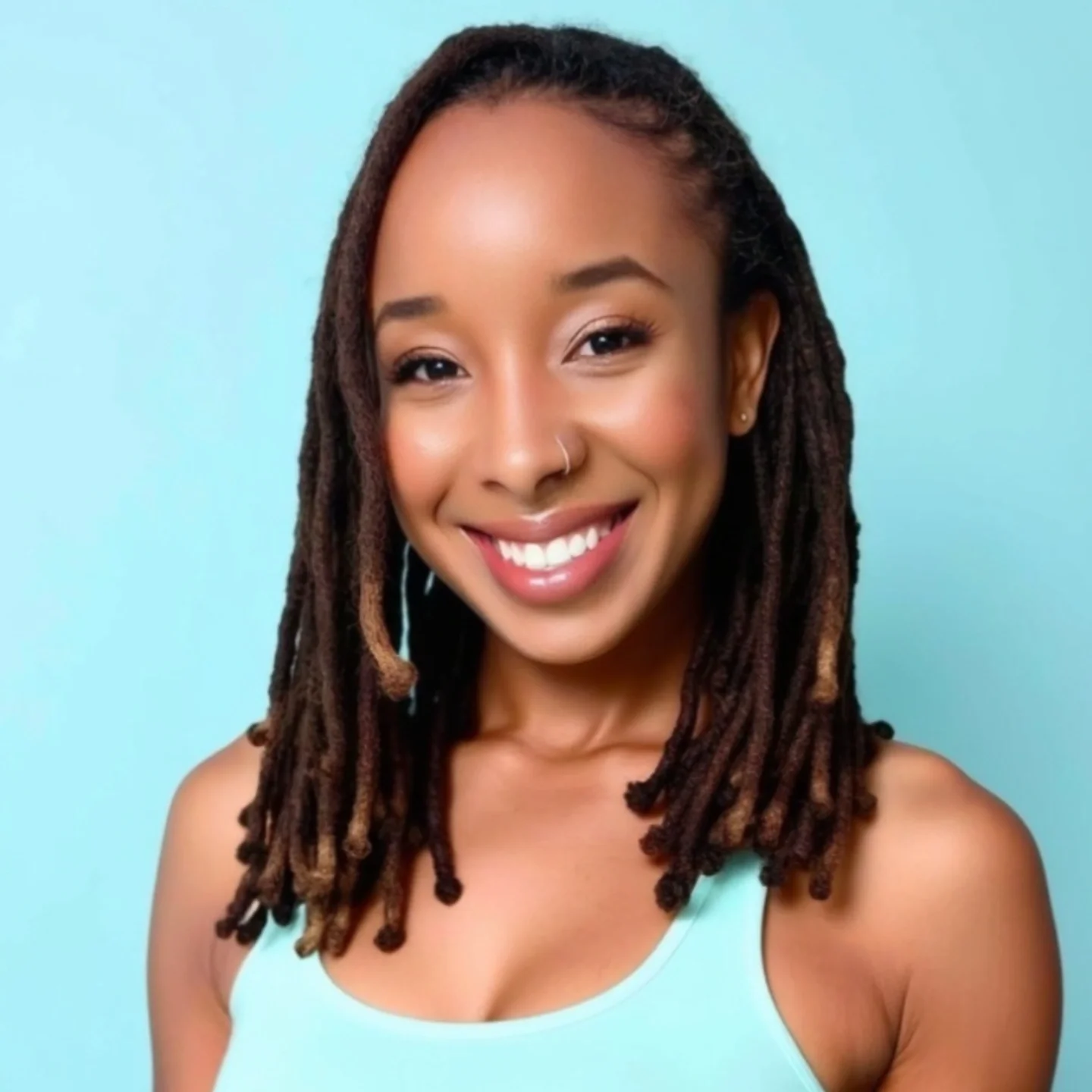 Smiling woman with long braided hair wearing a teal tank top