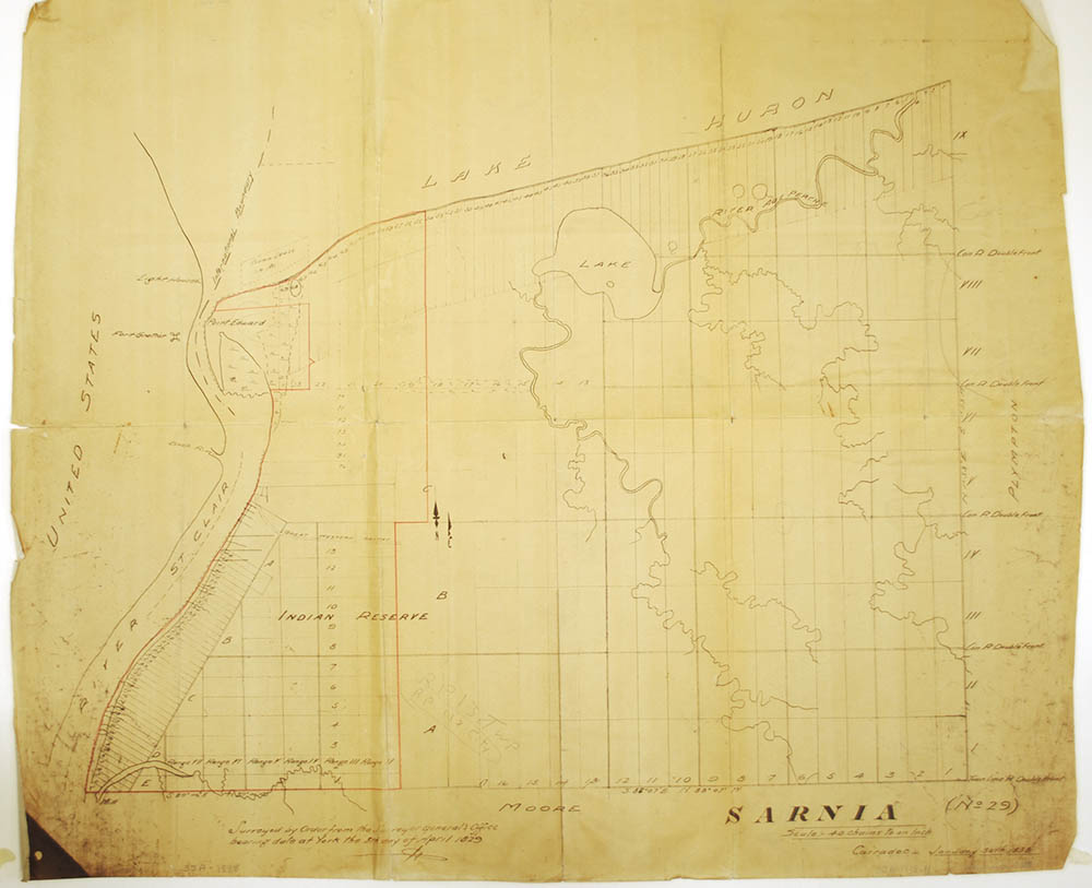 The 1829 survey that shows the boundaries of the Sarnia Reserve after the 1827 Huron Tract Purchase. The survey divides the Land into parcels that can be used to facilitate future land sale.