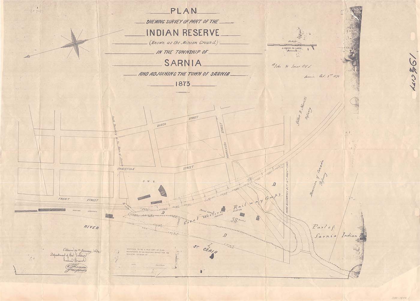 1873 map showing the location of the Dominion Oil Refinery along the river.