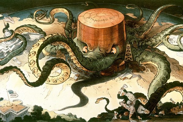 1904 image of Standard Oil as a monstrous octopus becoming a monopoly over the oil industry. Image created by Udo Keppler, and published in Puck, v. 56, no. 1436 (1904 Sept. 7). Sept. 7. Source: Library of Congress.