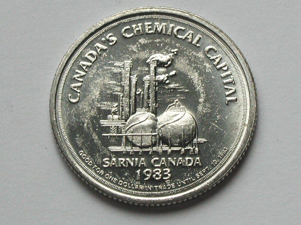 Bushnell refinery commemorative dollar coin issued by the city of Sarnia in 1983.