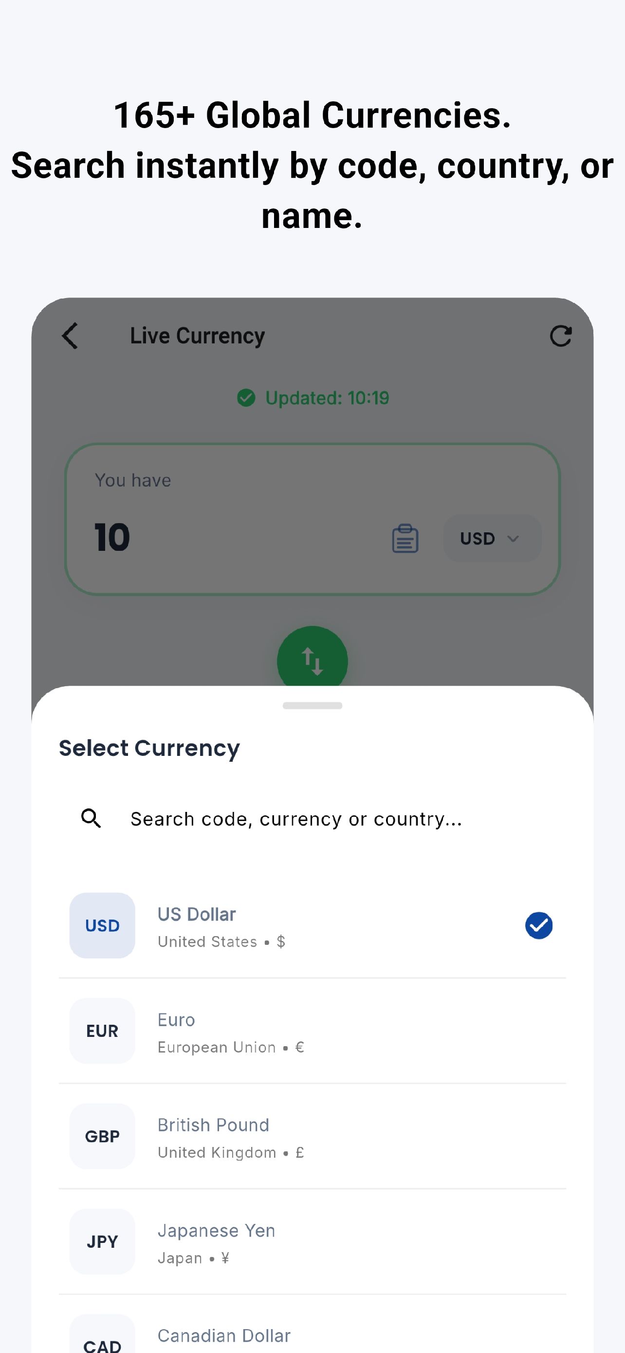 Search instantly by code, country, or name with offline caching.
