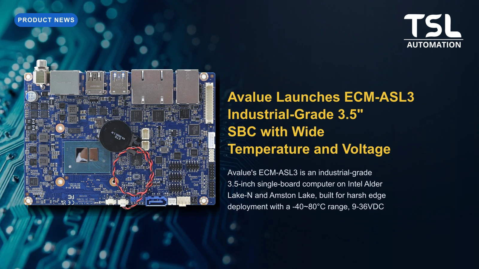 Avalue Launches ECM-ASL3 Industrial-Grade 3.5" SBC with Wide Temperature and Voltage Range