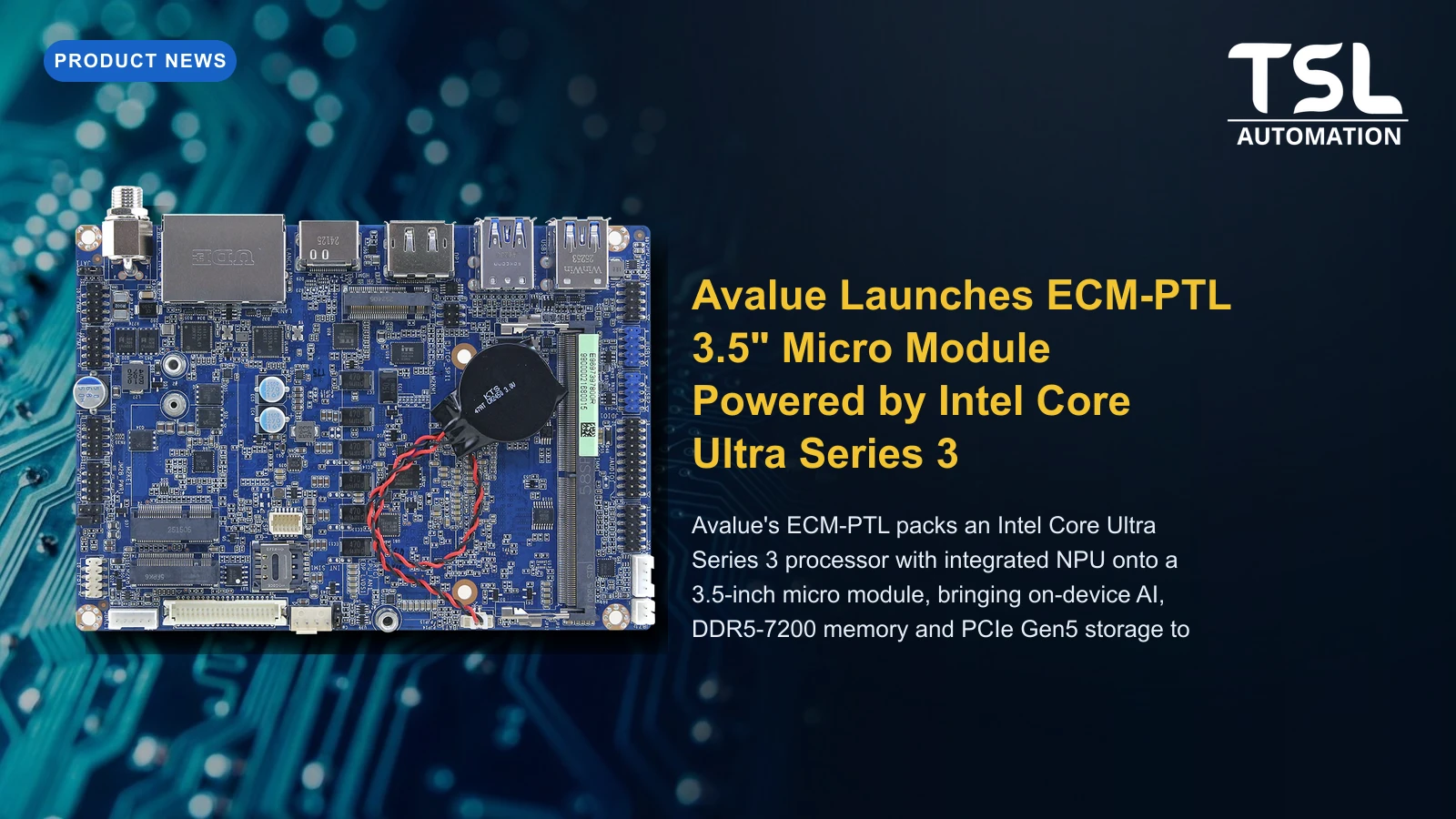 Avalue Launches ECM-PTL 3.5" Micro Module Powered by Intel Core Ultra Series 3
