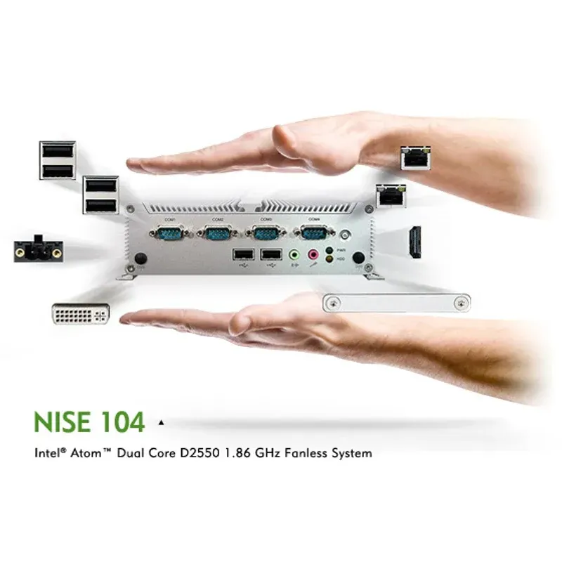 Nexcom NISE 104 Compact Fanless Industrial Controller — Front View with I/O