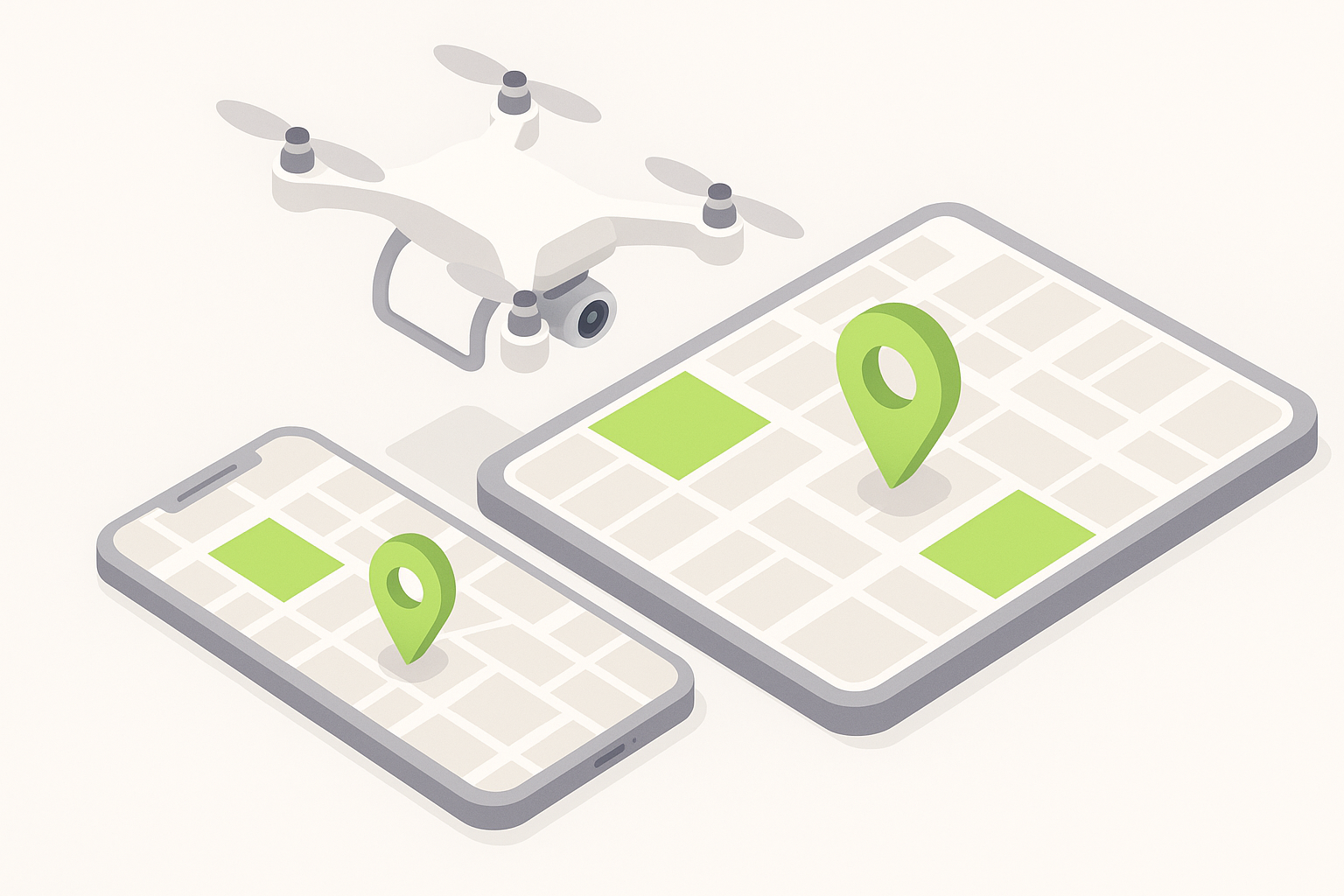 Virtual drone flying over a 3D map on a mobile device, isometric style illustration