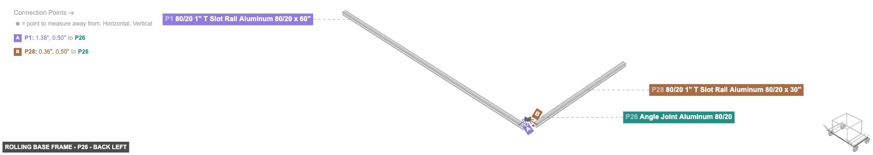 Rolling Base Frame - Part Angle Joint Aluminum 80/20 - back_left
