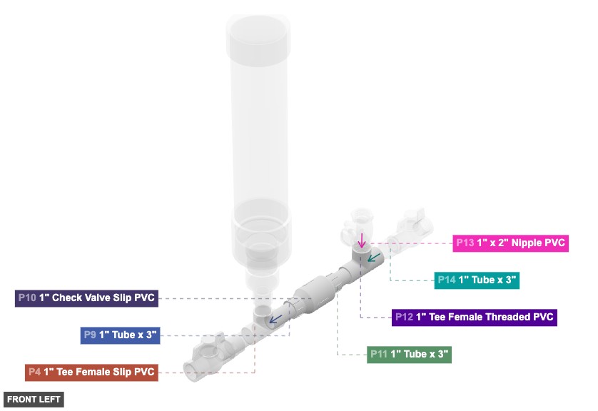 Assembly of Waste Valve Line and Secondary Tee - front_left