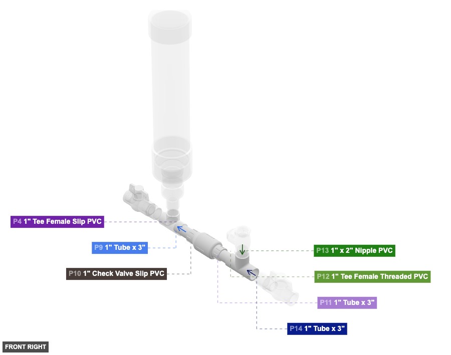 Assembly of Waste Valve Line and Secondary Tee - front_right