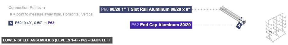 Lower Shelf Assemblies (Levels 1-4) - Part End Cap Aluminum 80/20 - back_left