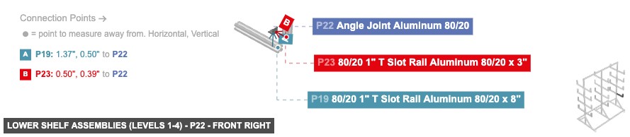 Lower Shelf Assemblies (Levels 1-4) - Part Angle Joint Aluminum 80/20 - front_right