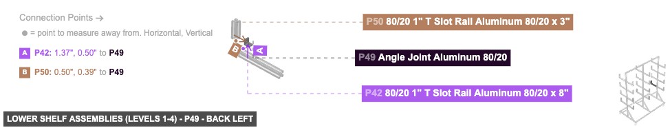 Lower Shelf Assemblies (Levels 1-4) - Part Angle Joint Aluminum 80/20 - back_left