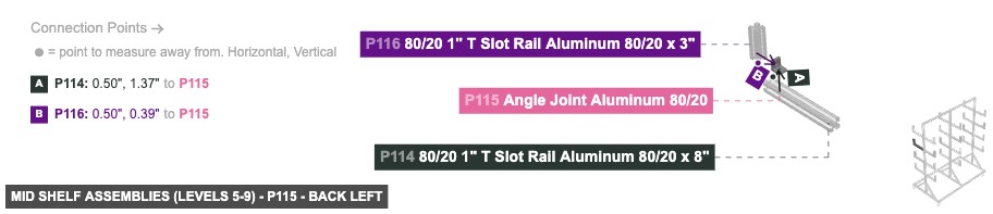 Mid Shelf Assemblies (Levels 5-9) - Part Angle Joint Aluminum 80/20 - back_left