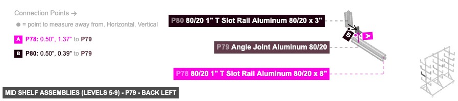 Mid Shelf Assemblies (Levels 5-9) - Part Angle Joint Aluminum 80/20 - back_left