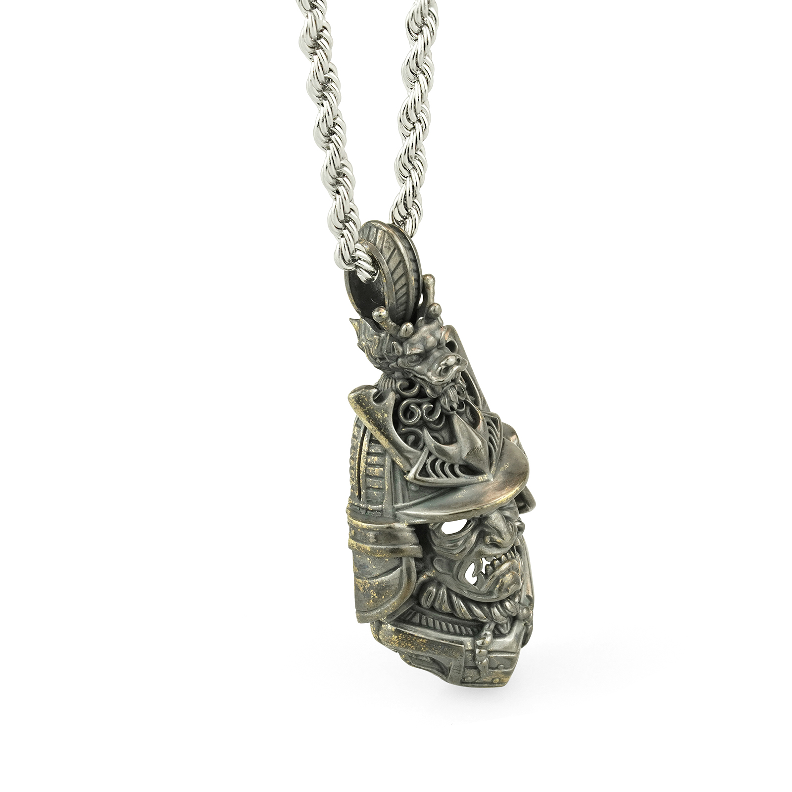 武神面ペンダントネックレス 兜・お面モチーフ 銅製（編み込みチェーン）【即納品】の作品画像