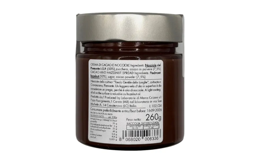 Crème artisanale au cacao et aux noisettes - Pack Marco Colzani. 260g