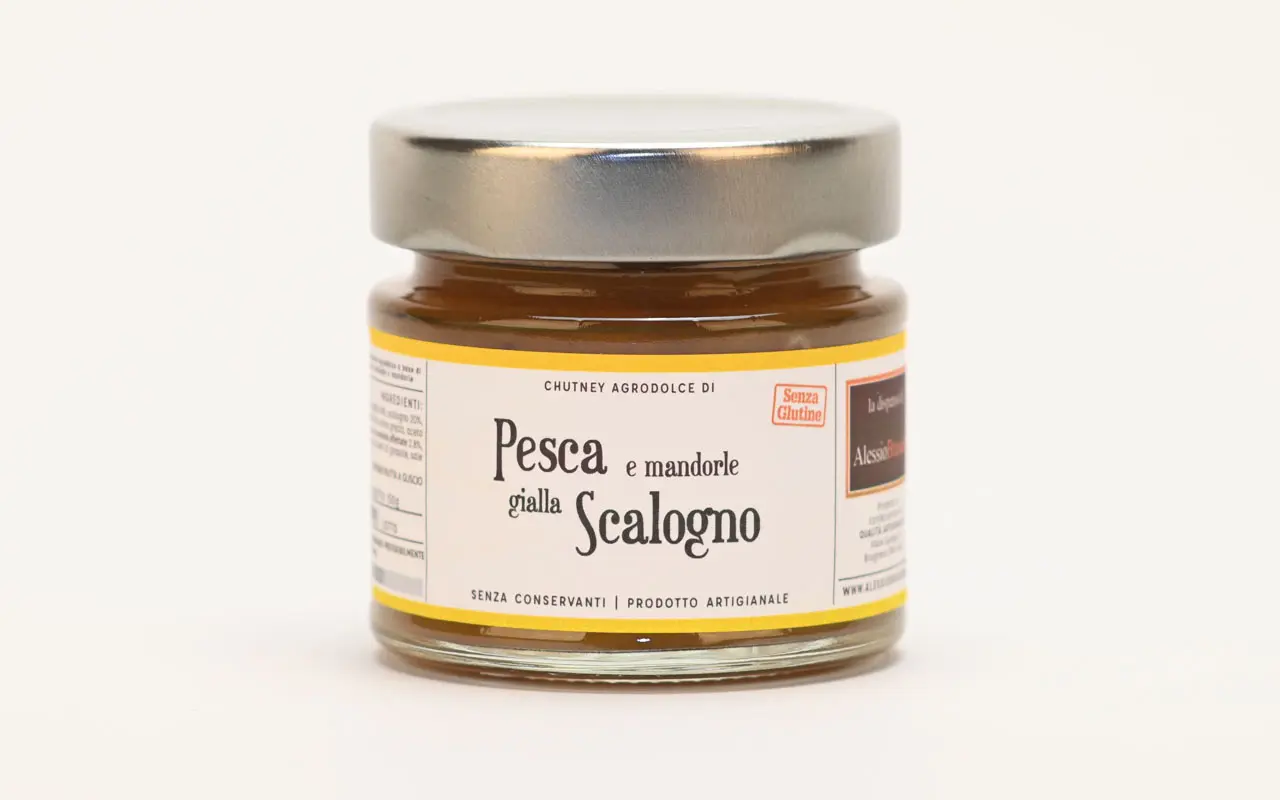Chutney à la pêche, échalotes et amandes - Alessio Brusadin, paquet de 150 grammes
