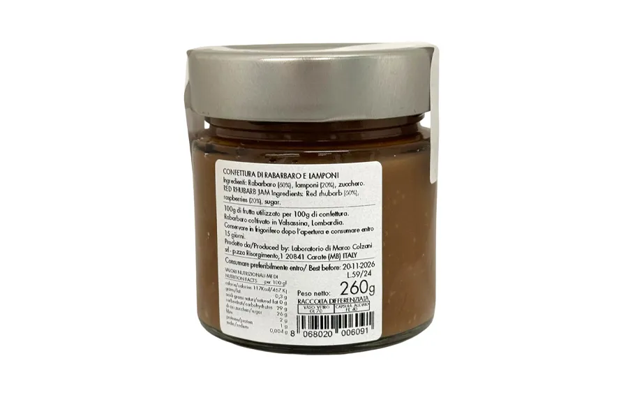 Confiture artisanale de rhubarbe et framboise - Marco Colzani conf. 260g
