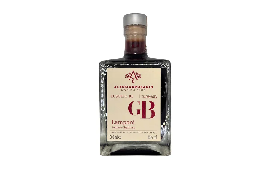 Rosolio artisanal aux framboises, citron et réglisse - Alessio Brusadin, bouteille 500 ml