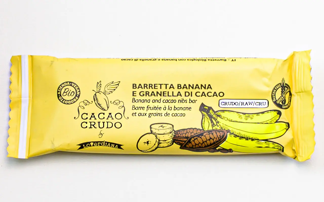 Barre protéinée biologique crue, bananes et grains de cacao - Cacao cru, paquet de 28 grammes