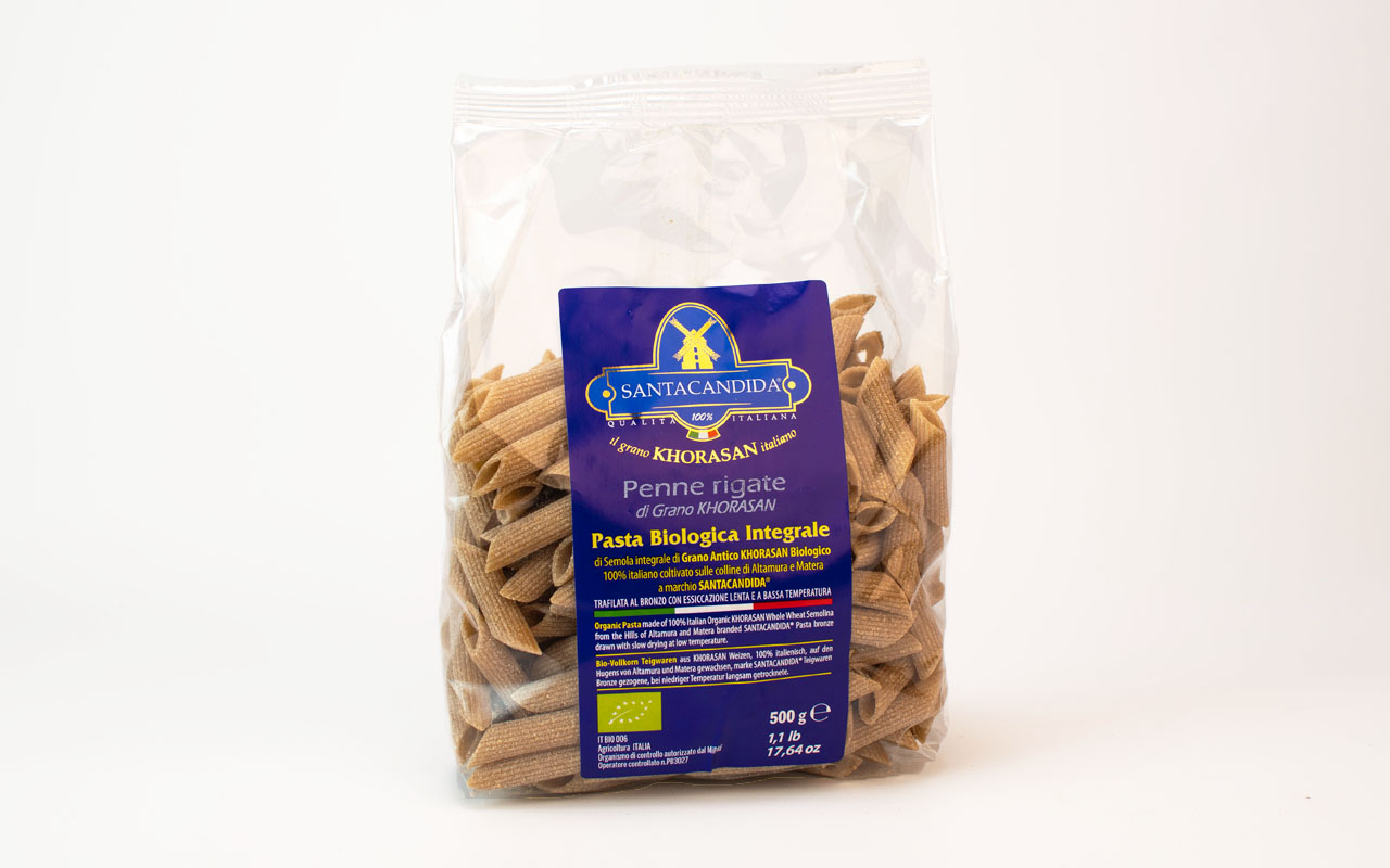 Pâtes faites maison penne rigate biologique de khorasan de grains entiers - SANTACANDIDA®, paquet de 500 gr
