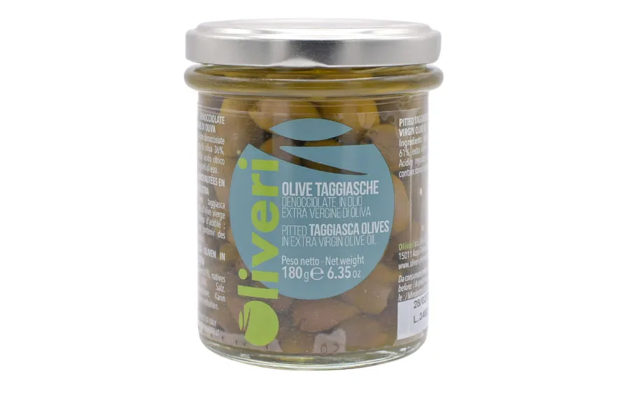 Olives Taggiasca dénoyautées dans l'huile EVO - Oliveri, paquet de 180 g.