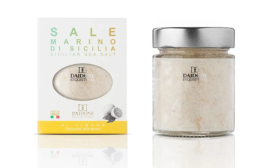 Sel de mer aromatisé au citron - Daidone, paquet de 140 g.