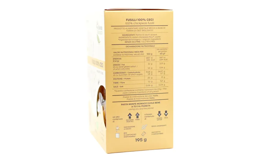 Pâtes de pois chiches 100 % bio et protéinées 3x65g - Monte Monaco