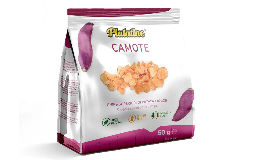 Chips de pommes de terre violettes BIO sans gluten - Camote - Platatine, pack. 50 gr.