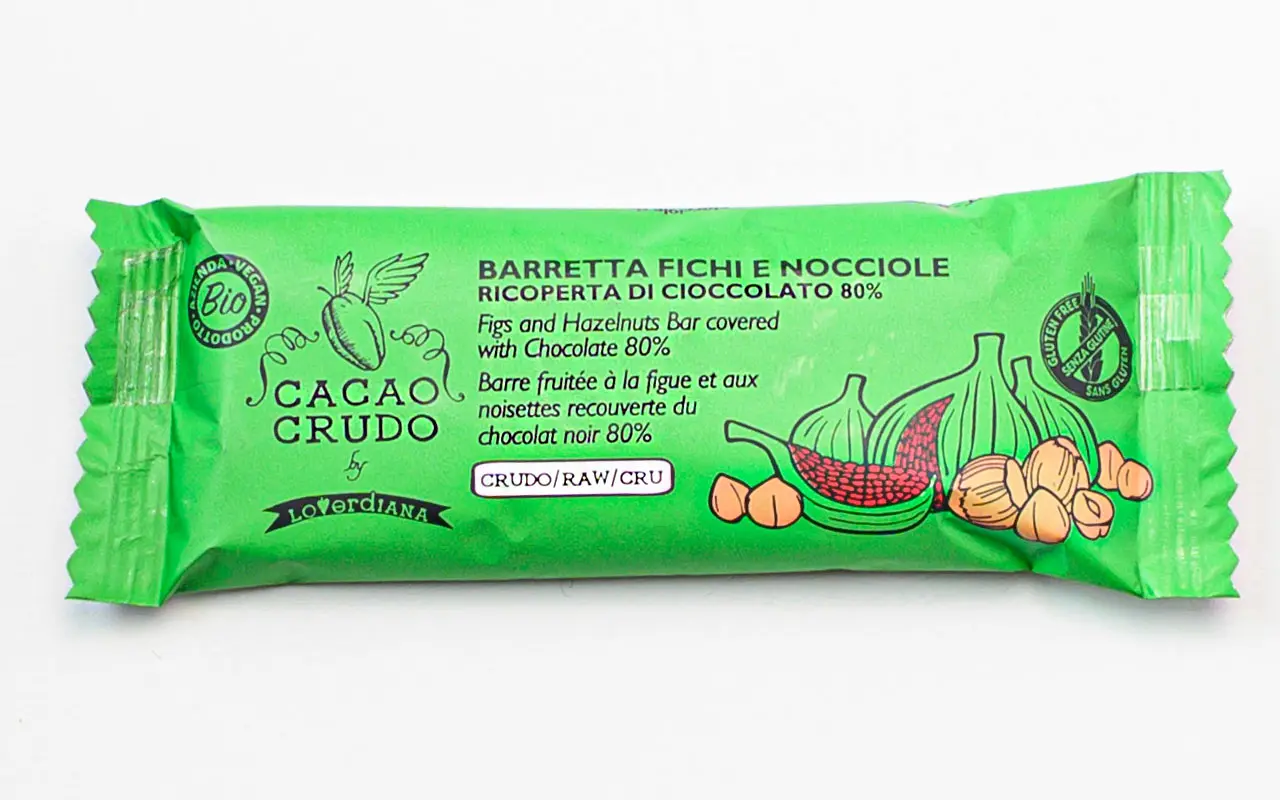 Barre énergétique bio, figues et noisettes enrobées de chocolat noir - Cacao brut, paquet de 28 grammes